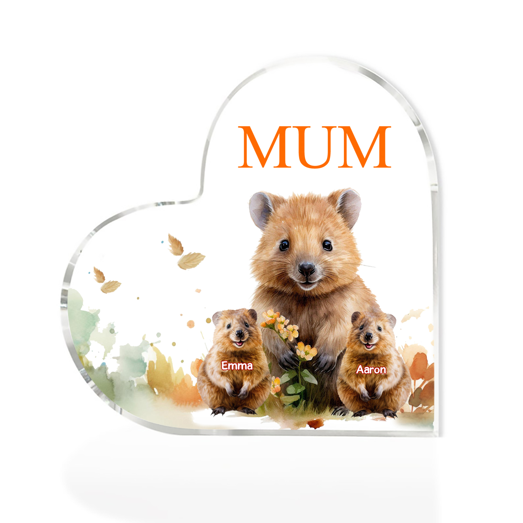 Personalised Acrylic Heart Keepsake Custom 1 Text & 2 Names Ornament Quokka Family Gift for Mother/Grandma-Jessemade AU