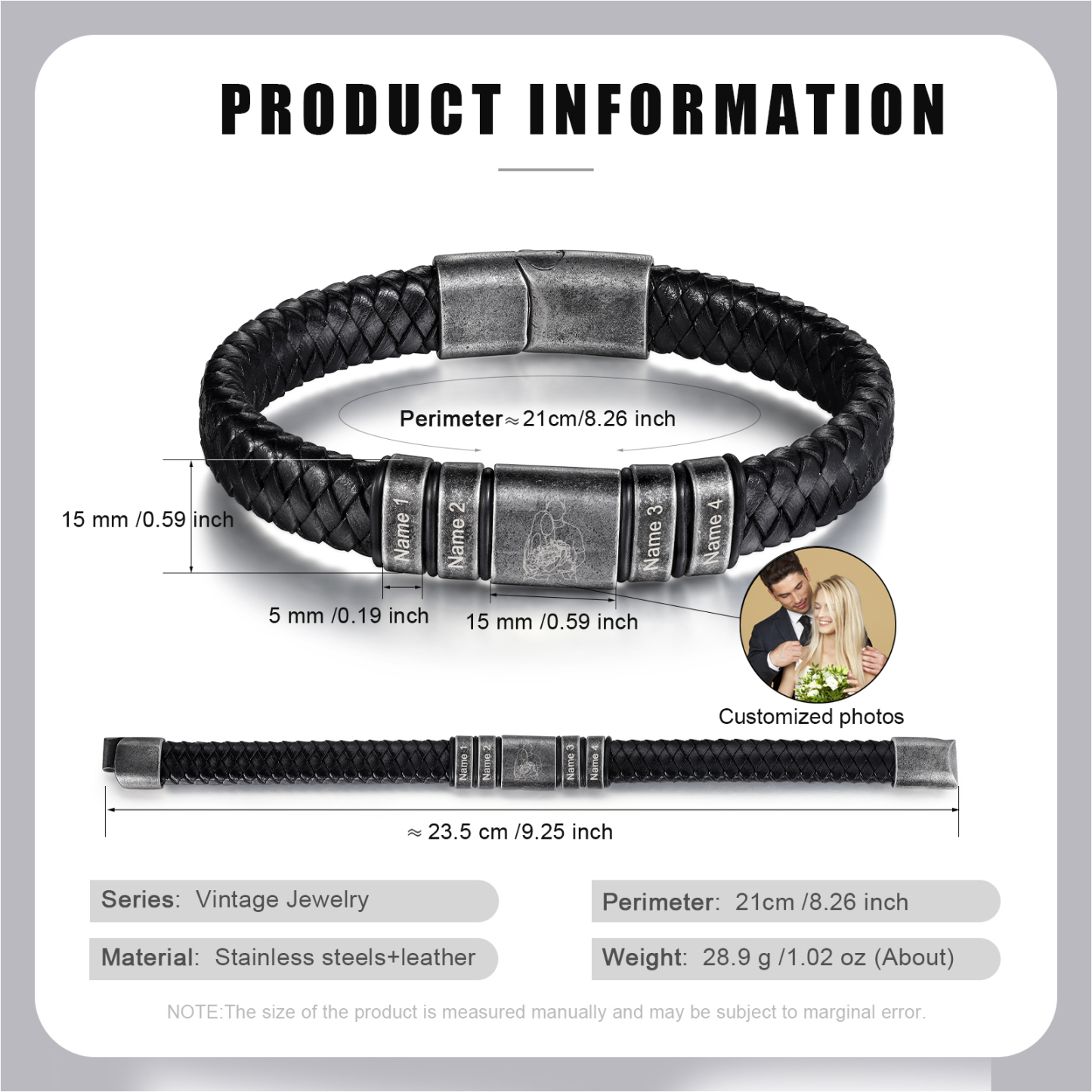 4 Names - Personalised Men's Leather Braided Bracelet Custom Name & Photo Bracelet Vintage Gift for Him-Jessemade AU