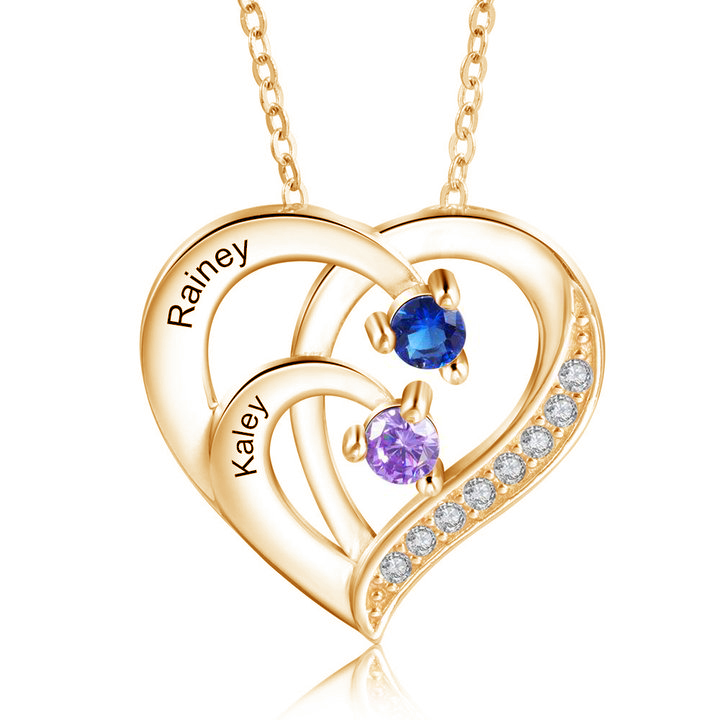 Personalised Mother Necklace 2 Stones Engraved 2 Names Birthstone Intertwined Heart Pendant Gifts for Her-Jessemade AU