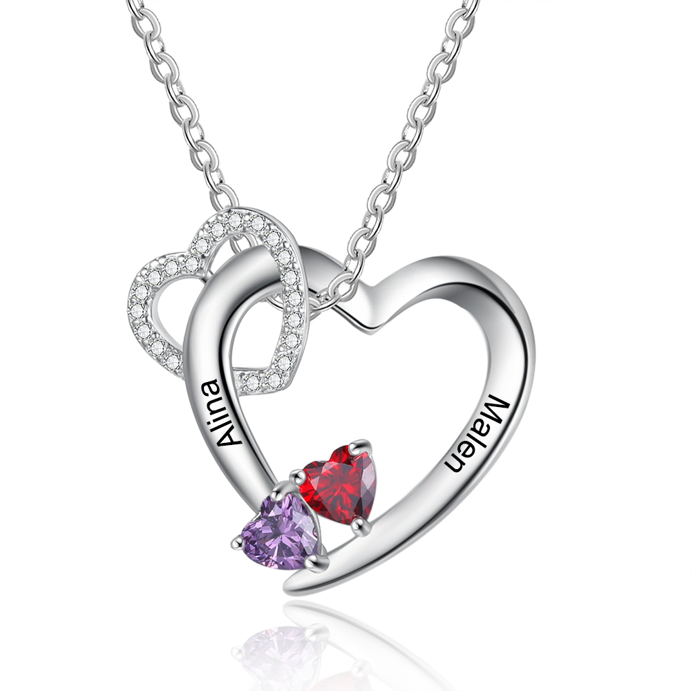 Personalised Heart Necklace With 2 Birthstones Engraved Names Gift For Women-Jessemade AU