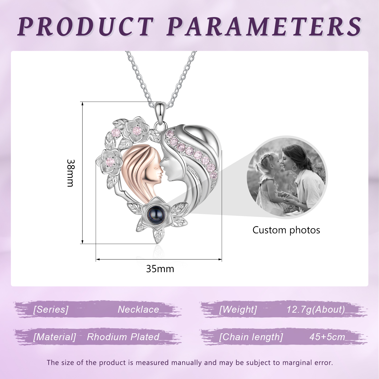 Mother and Daughter Heart Projection Necklace Custom Photo Flower Pendant Necklace for Her-Jessemade AU