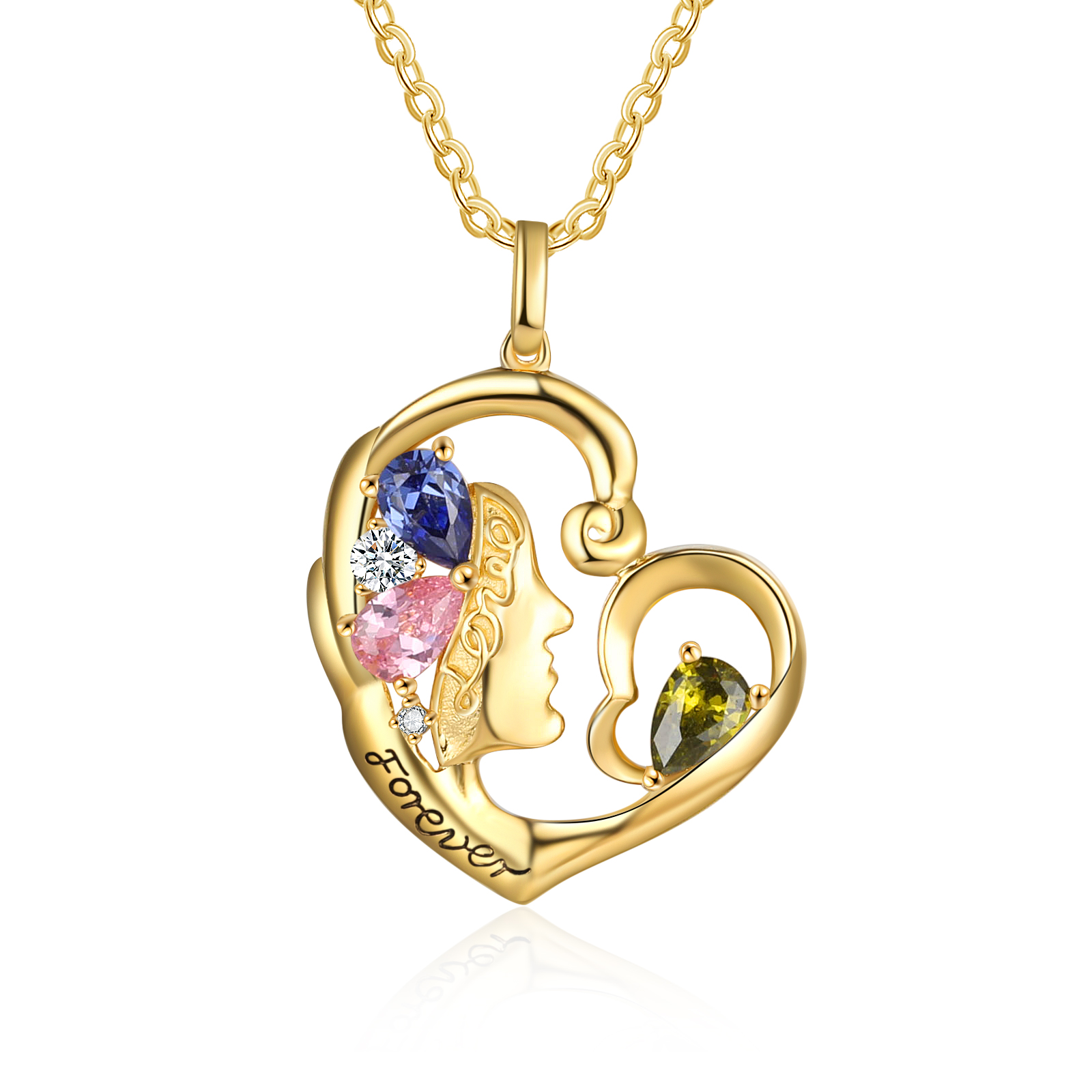 Personalised 1 Name Heart Charm Women's Necklace With 3 Birthstones-Jessemade AU