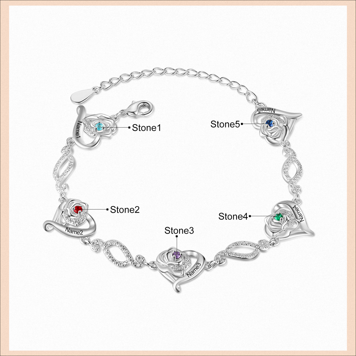 Flowers Bracelet Personalised 5 Birthstones Bracelet Engraved Names Flowers Charm Gifts For Her-Jessemade AU