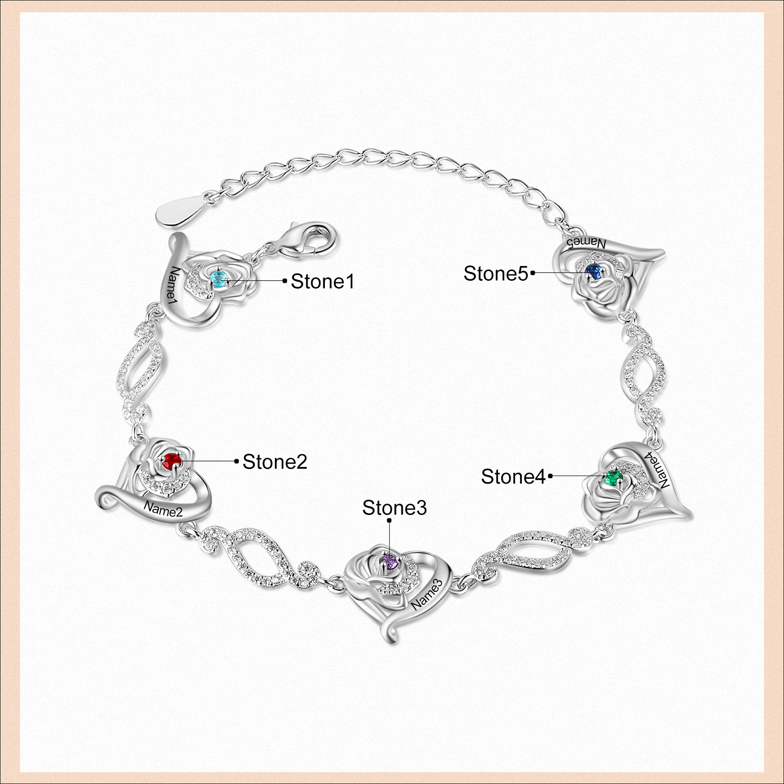 Flowers Bracelet Personalised 5 Birthstones Bracelet Engraved Names Flowers Charm Gifts For Her-Jessemade AU