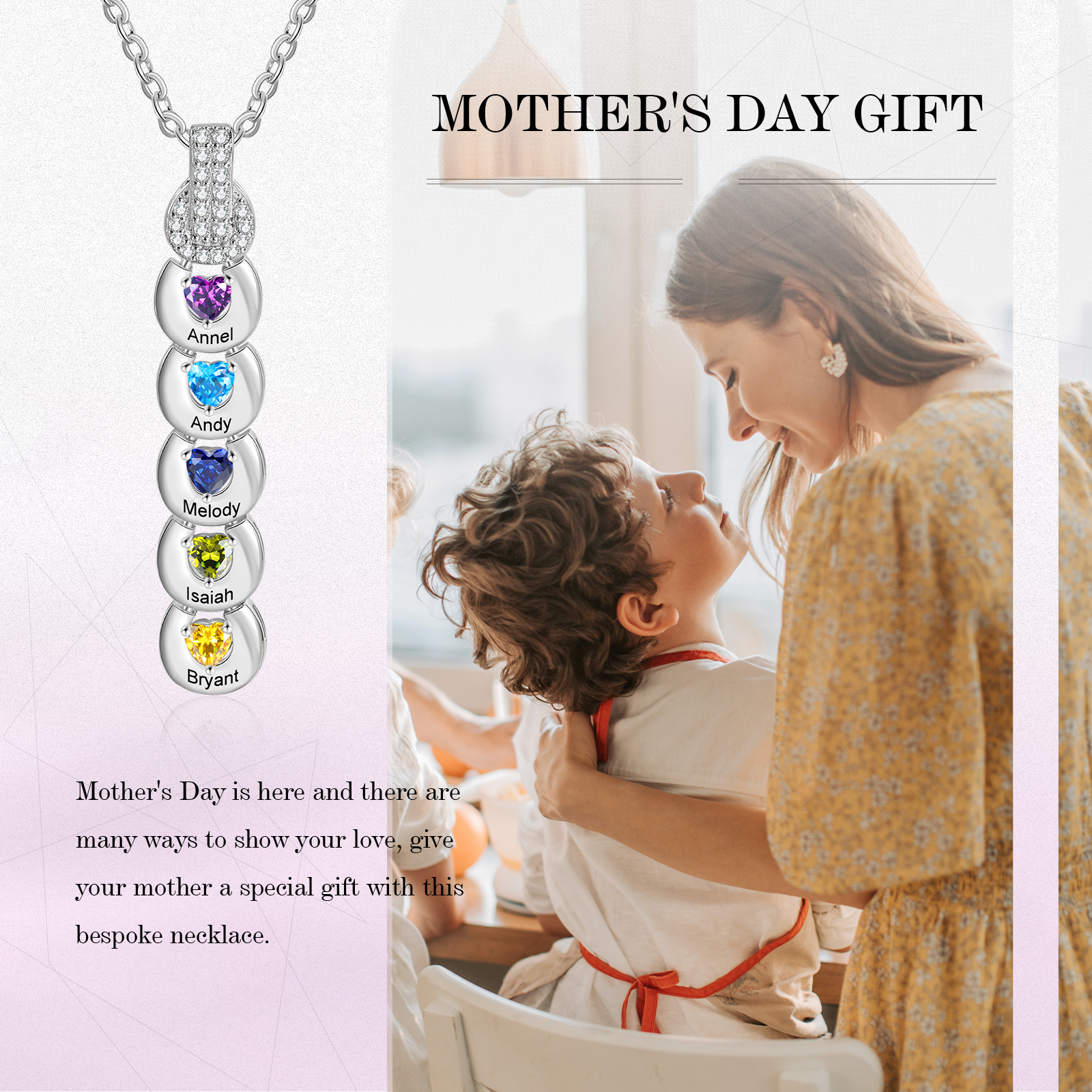 Custom Family Necklace Cascading Pendant with 5 Birthstones Engraving 5 Names Gifts for Her-Jessemade AU