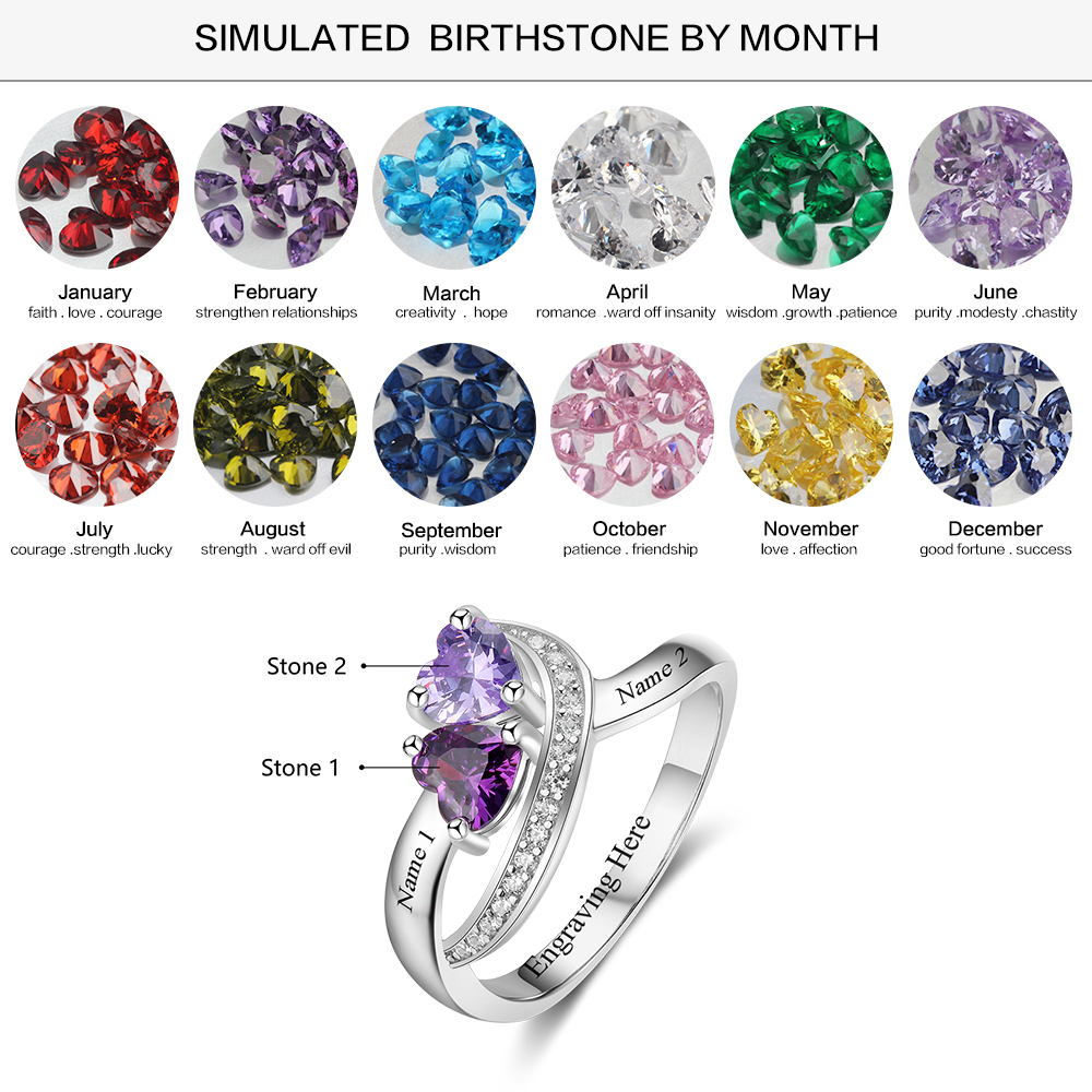 S925 Silver Ring Personalised 2 Birthstones Mothers Ring With Names Gifts For Her-Jessemade AU