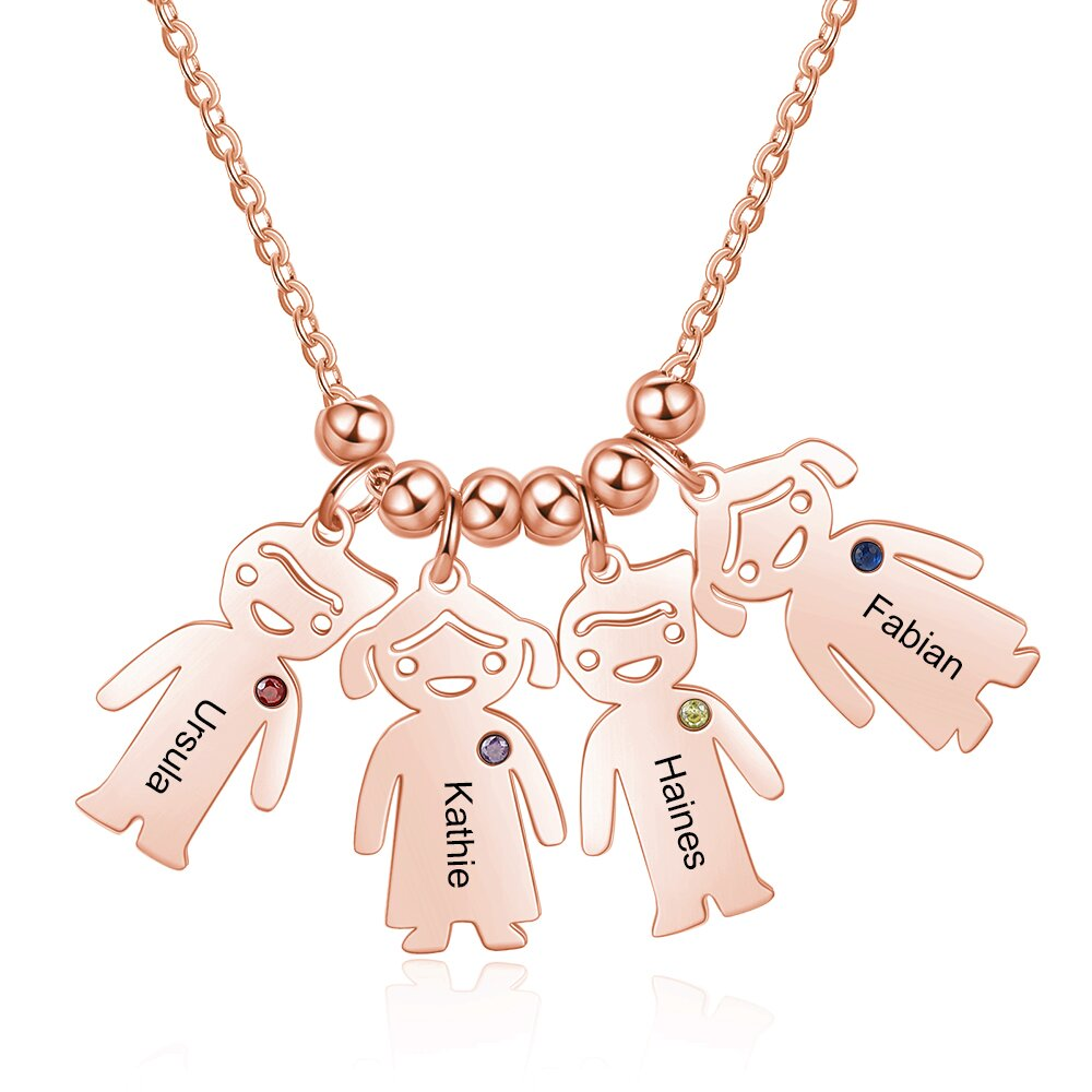 Personalised Kids Charm Necklace With 4 Birthstones Engraved Names Gift For Mother-Jessemade AU