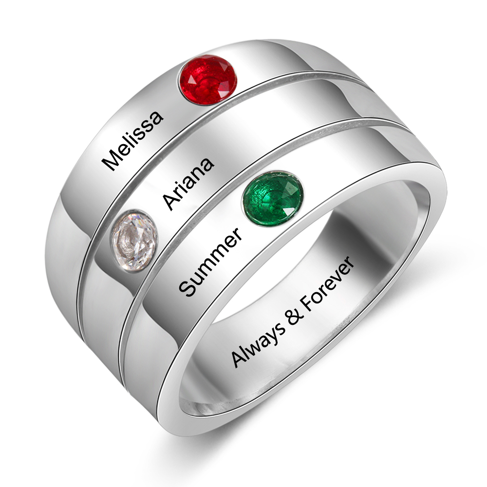 Personalised Mothers Ring With 3 Birthstones Engraved Names Ring Gift For Women-Jessemade AU