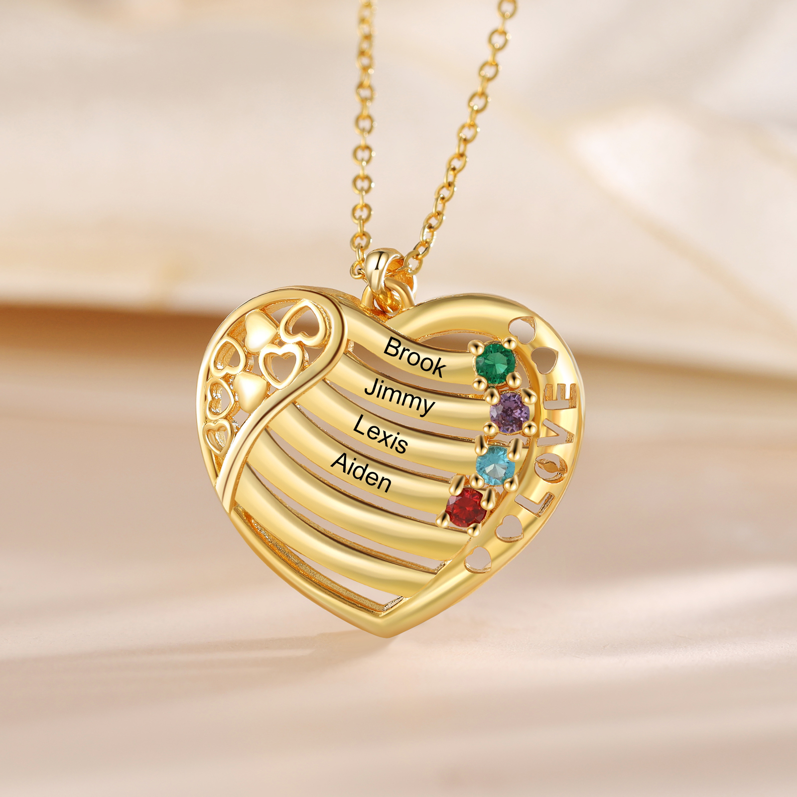 LOVE Heart Necklace Custom 4 Names & Birthstones Family Necklace Gifts For Her-Jessemade AU