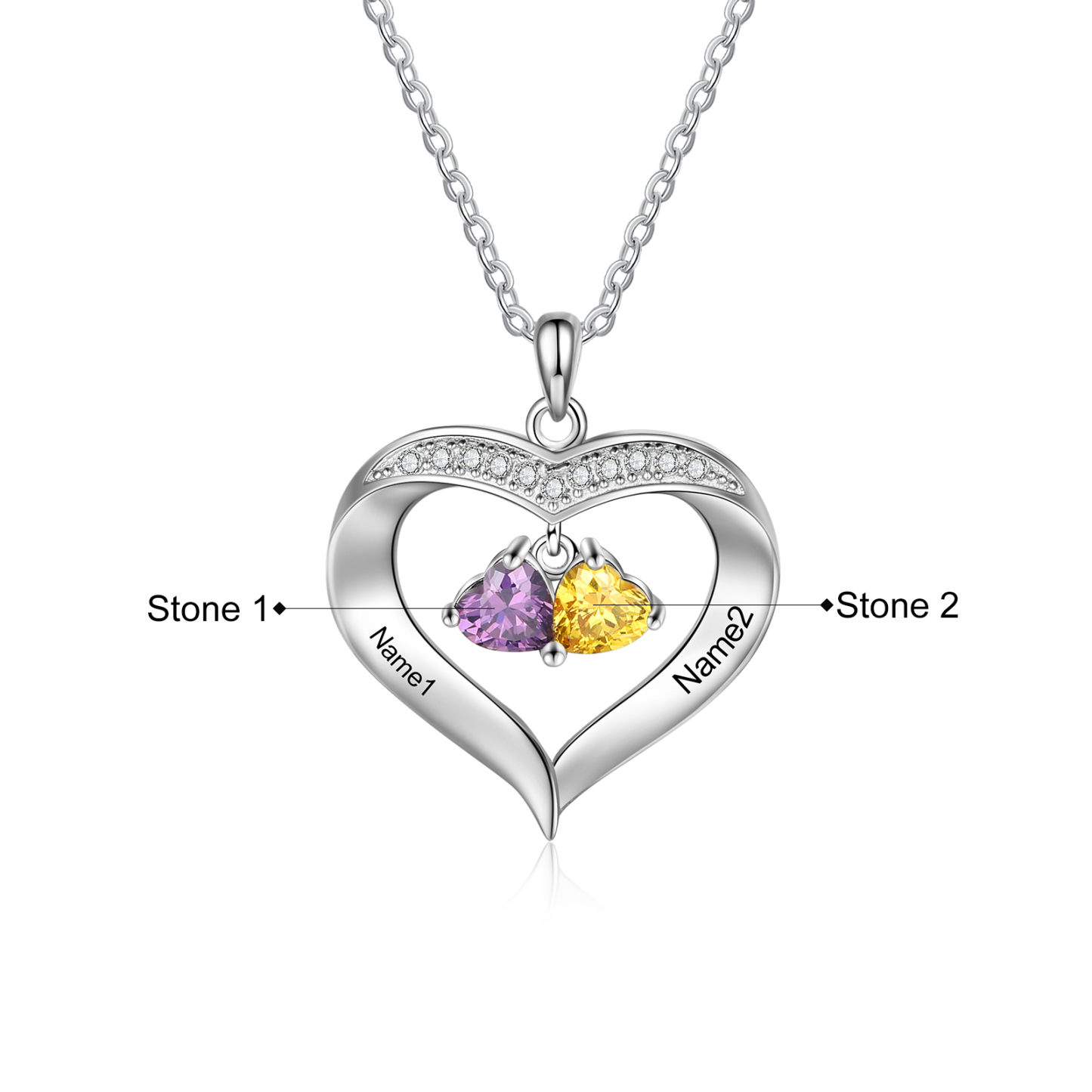 Personalised Heart Pendant Necklace with 2 Birthstones Engraved Names Family Necklace Gifts for Her-Jessemade AU