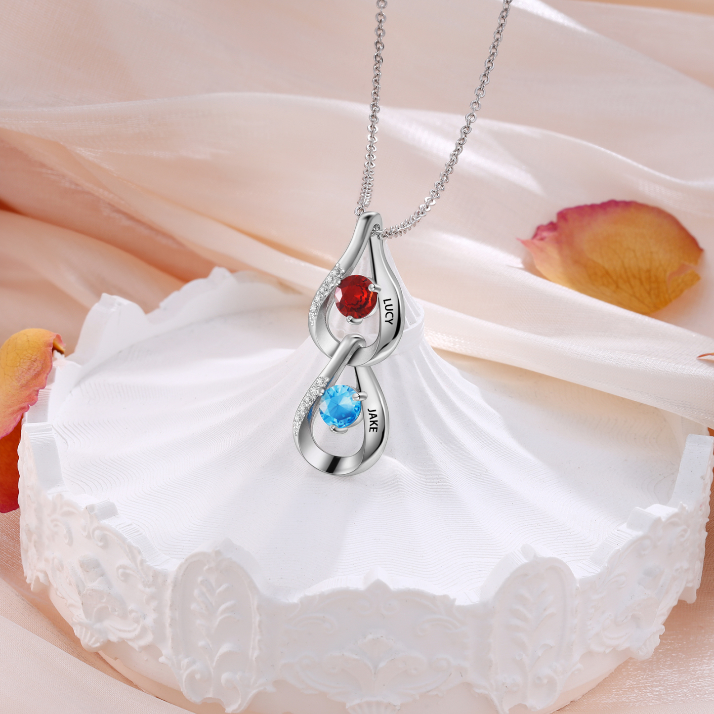 Personalised Teardrop Pendant Necklace Custom 2 Birthstones & 2 Names Necklace