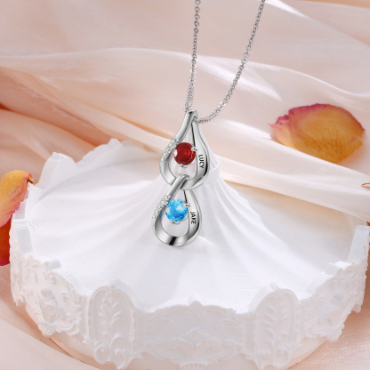 Personalised Teardrop Pendant Necklace Custom 2 Birthstones & 2 Names Necklace