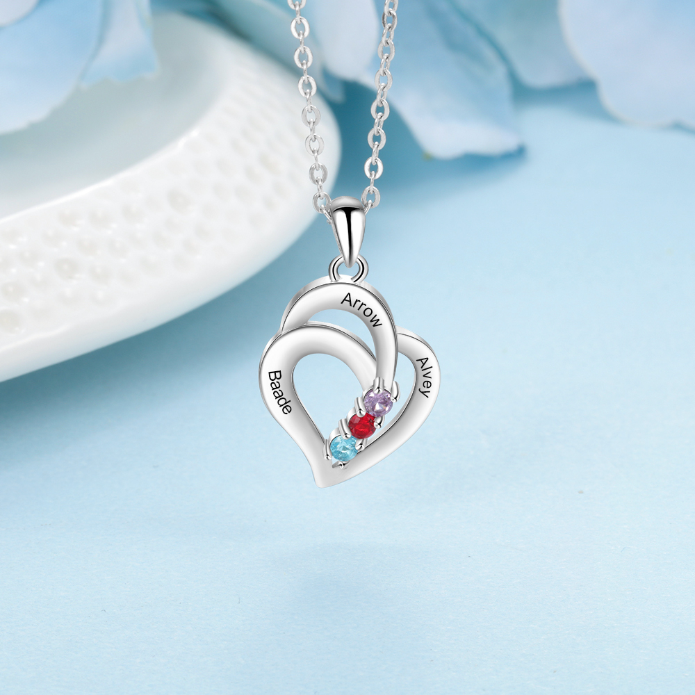 Personalised Heart Necklace With 3 Birthstones Engraved Names Gift For Her-Jessemade AU