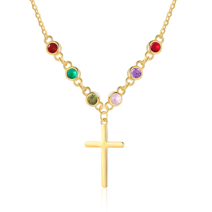Personalised Cross Pendant Necklace Custom 6 Birthstones & 1 Text Necklace Birthday Gift for Her-Jessemade AU