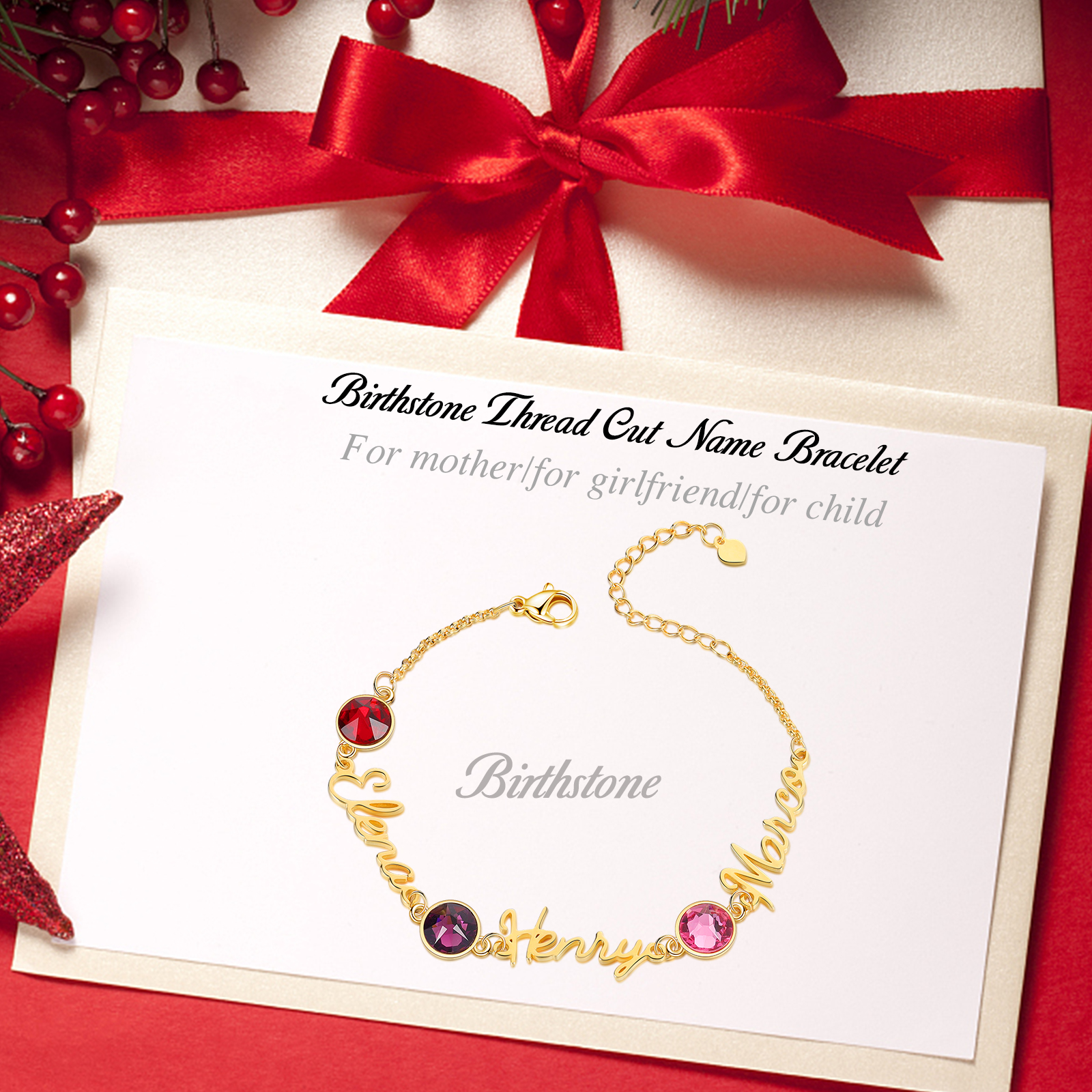 Personalised Bracelet With Birthstone Custom 3 Names Bracelet Gift For Women-Jessemade AU