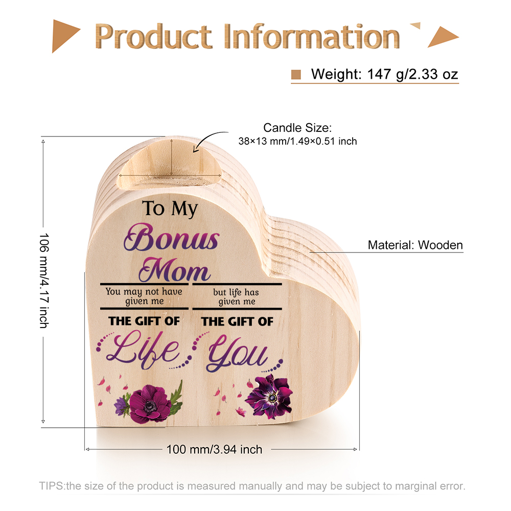 To My Bonus Mom Violet Flower Heart Candle Holder "Life Has Given Me The Gift of You" Wooden Candlestick-Jessemade AU