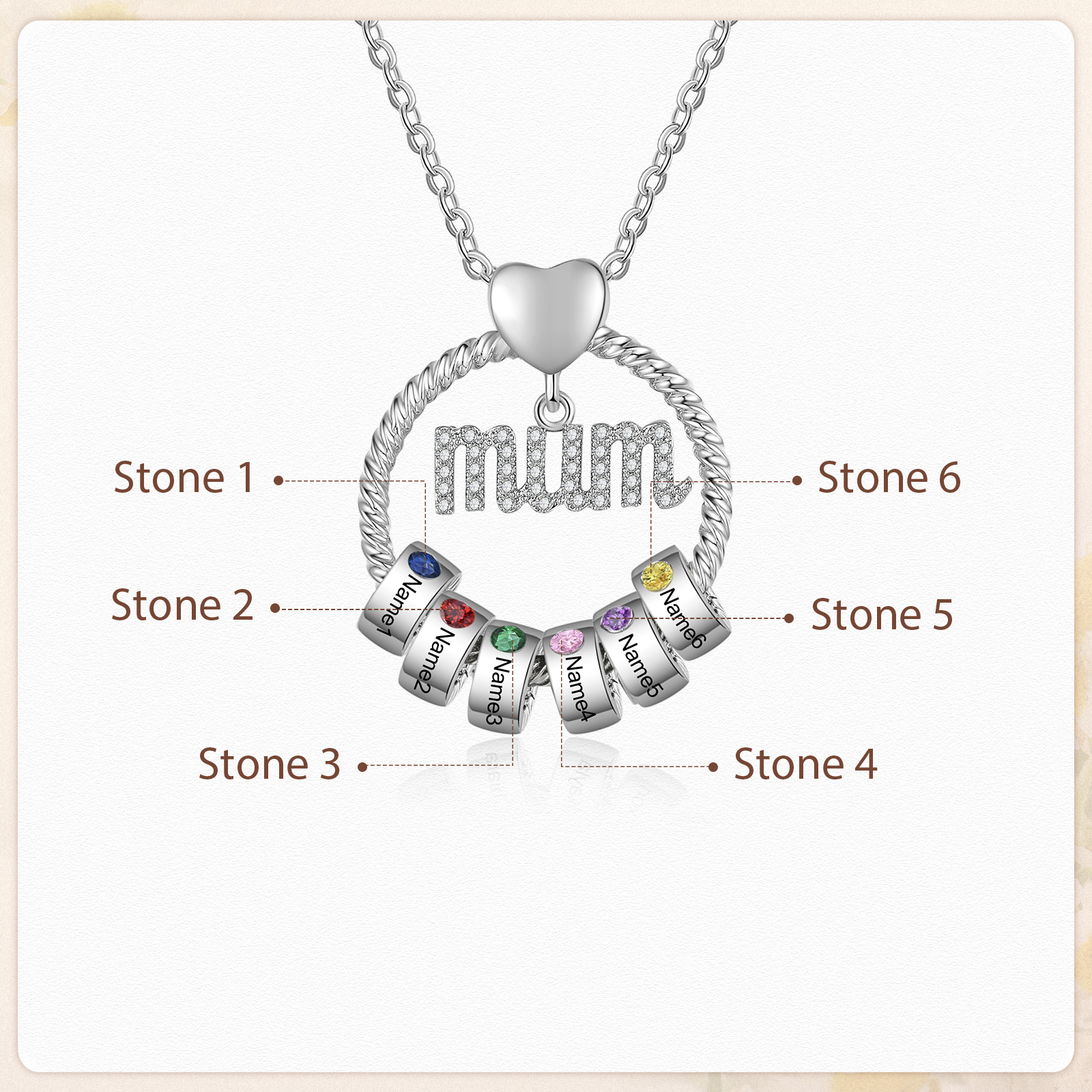 Personalised Circle Necklace With 6 Birthstones Pendant Engraved Names Gift For Mum-Jessemade AU