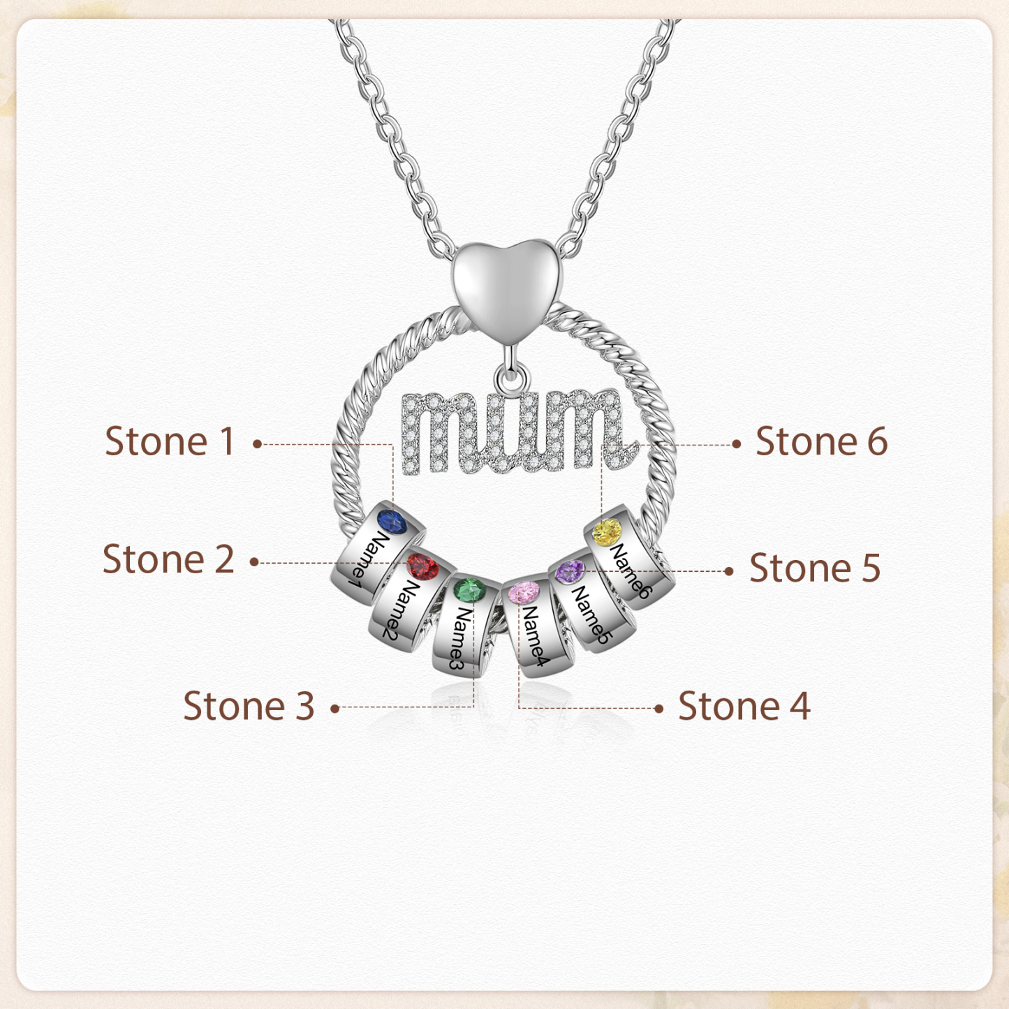 Personalised Circle Necklace With 6 Birthstones Pendant Engraved Names Gift For Mum-Jessemade AU