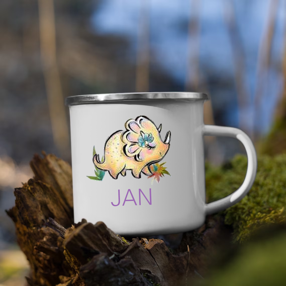 Personalised Enamel Mug Customised Name Dinosaur Cup Camping Mug Birthday Gift for Kids - Triceratops-Jessemade AU