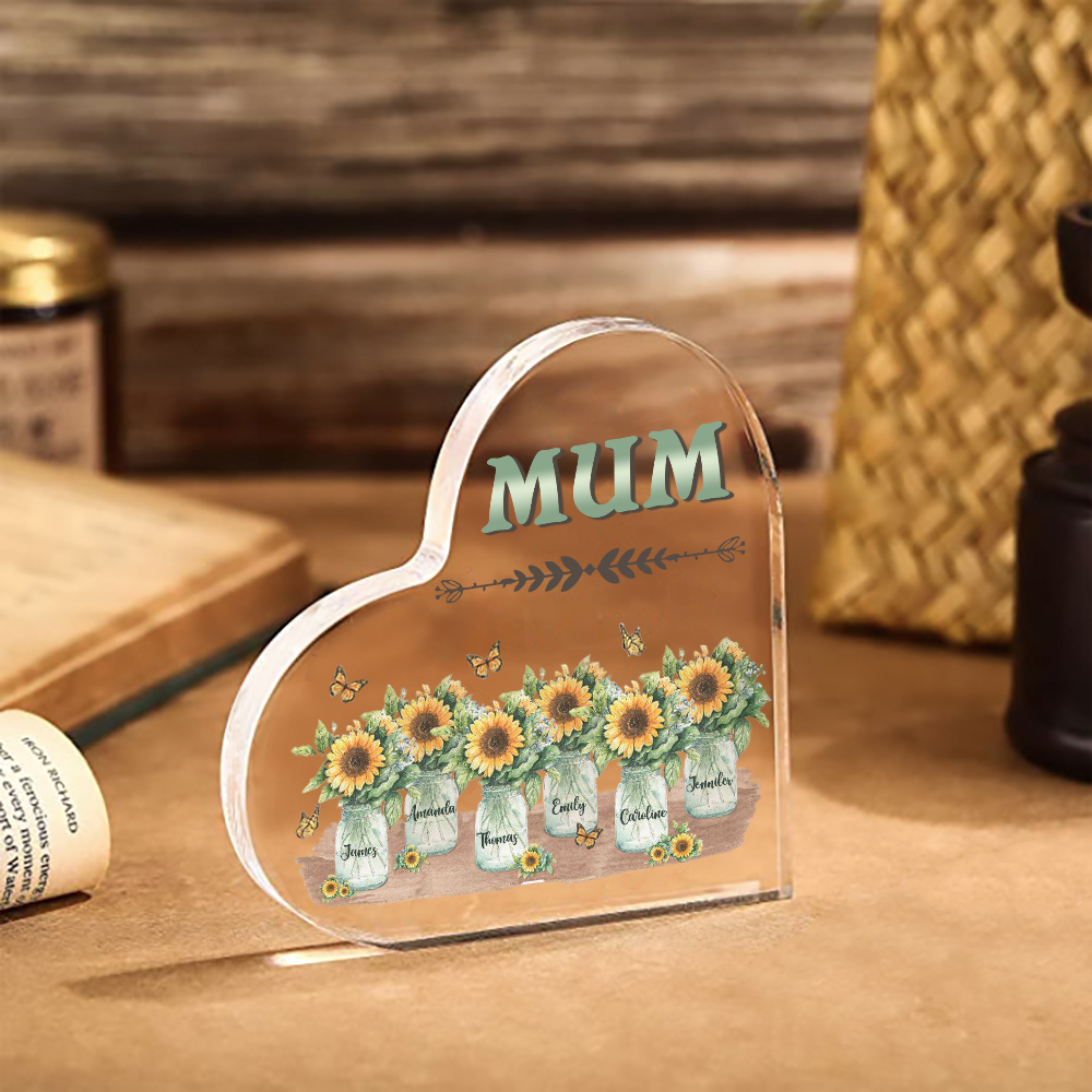 Personalised Acrylic Heart Keepsake Custom 6 Names & 1 Text Sunflower Vase Ornament Gifts for Mother/Grandma-Jessemade AU