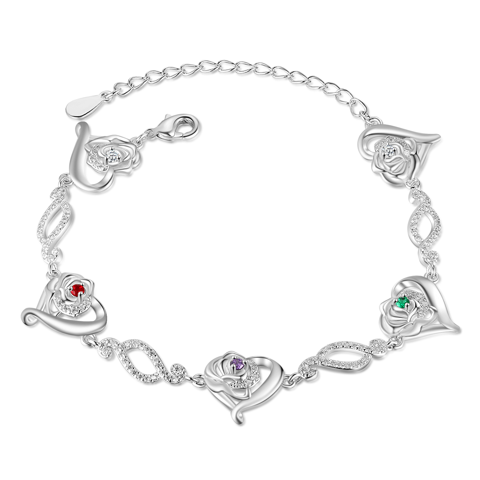 Flowers Bracelet Personalised 3 Birthstones Bracelet Engraved Names Flowers Charm Gifts For Her-Jessemade AU