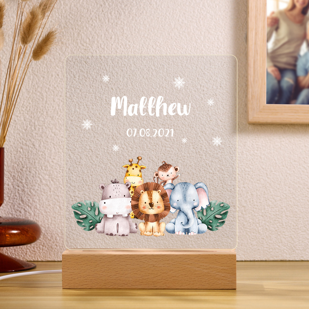 Personalised Name Night Light Animal Zoo Wood LED Night Light Custom Date Nursery Birthday Gifts For Children-Jessemade AU