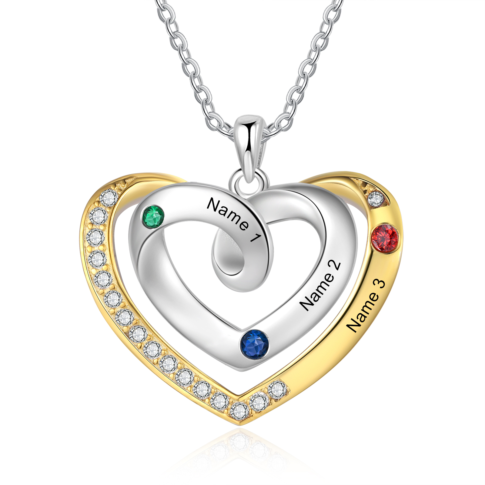 Personalised 3 Names & 3 Birthstones Necklace Custom Heart Pendant Necklace Gifts for Her-Jessemade AU