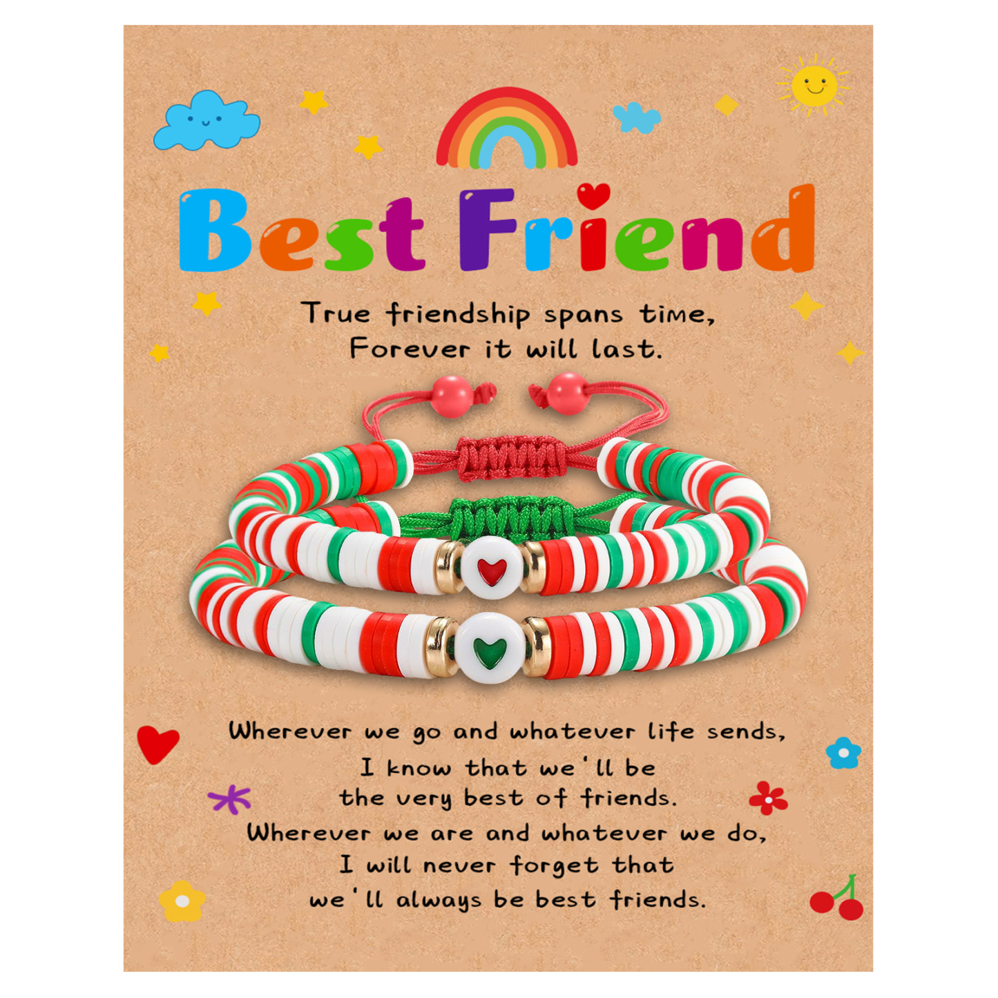 2 Pcs Bracelet Set Colourful Beaded Adjustable Bracelets with Message Card Gifts for Her - True Friendship Spans Time, Forever It Will Last-Jessemade AU