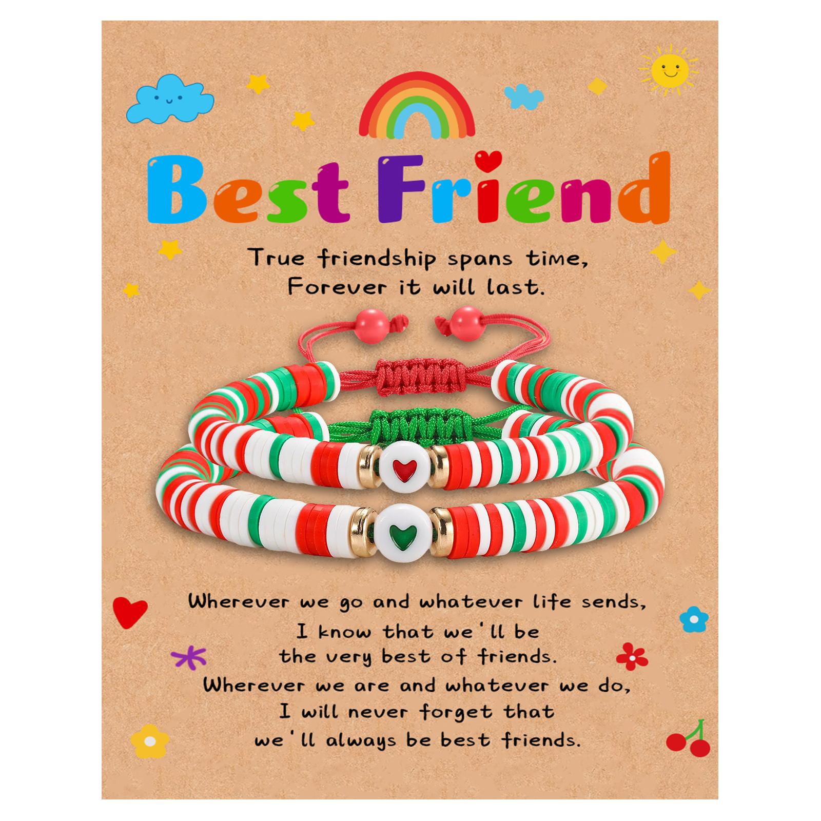 2 Pcs Bracelet Set Colourful Beaded Adjustable Bracelets with Message Card Gifts for Her - True Friendship Spans Time, Forever It Will Last-Jessemade AU