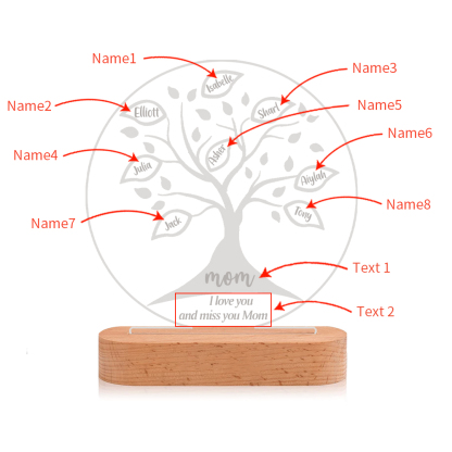 Personalised Family Tree Night Light Engraved 8 Names Wooden LED Lamp-Jessemade AU