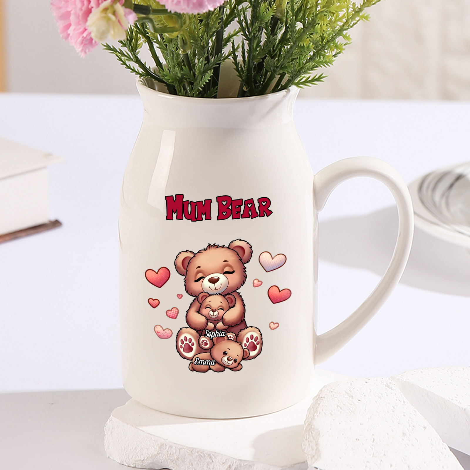 Personalised Ceramic Flower Vase Custom 2–8 Names & 1 Text Bear Family Vase Gift for Mother/Grandma-Jessemade AU