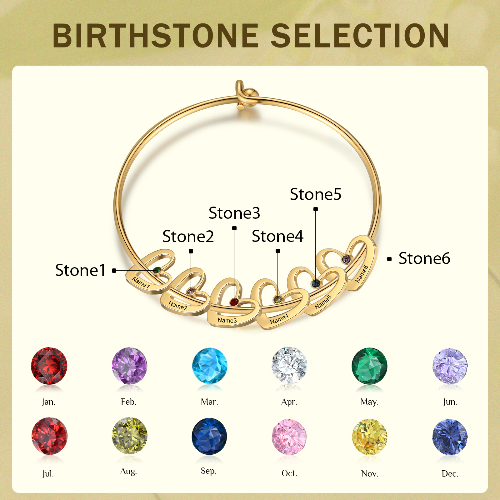 Personalised Heart Bangle With 6 Names and Birthstones Bangle Bracelet Mother's Day Gifts For women-Jessemade AU