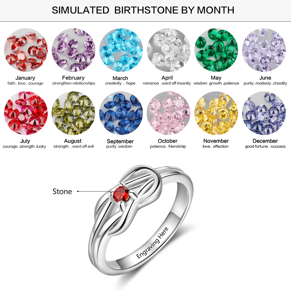 S925 Love Knot Ring Personalised 1 Birthstone Ring With Names Gifts For Her-Jessemade AU