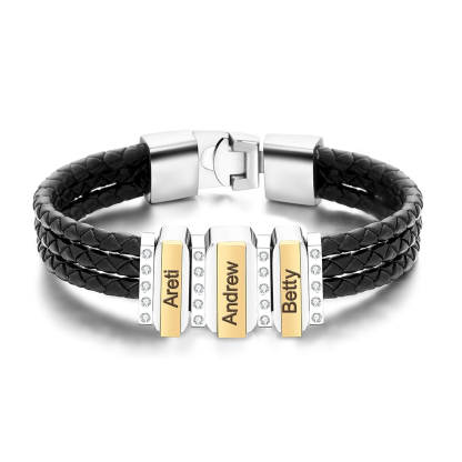Mens Leather Bracelet with Customised Beads Personalised Three Layer Bracelet Engraved 3 Names-Jessemade AU