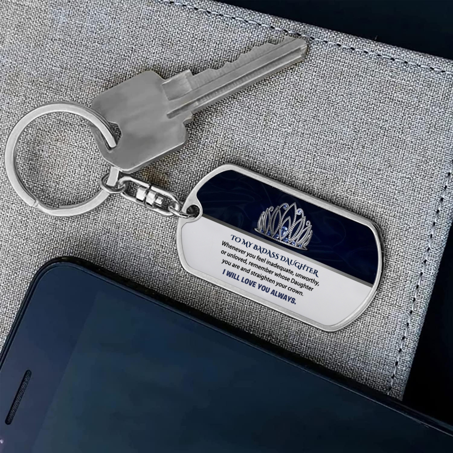 To My Badass Daughter Crown Keychain Custom Photo Stainless Steel Keyring "I Will Love You Always"-Jessemade AU