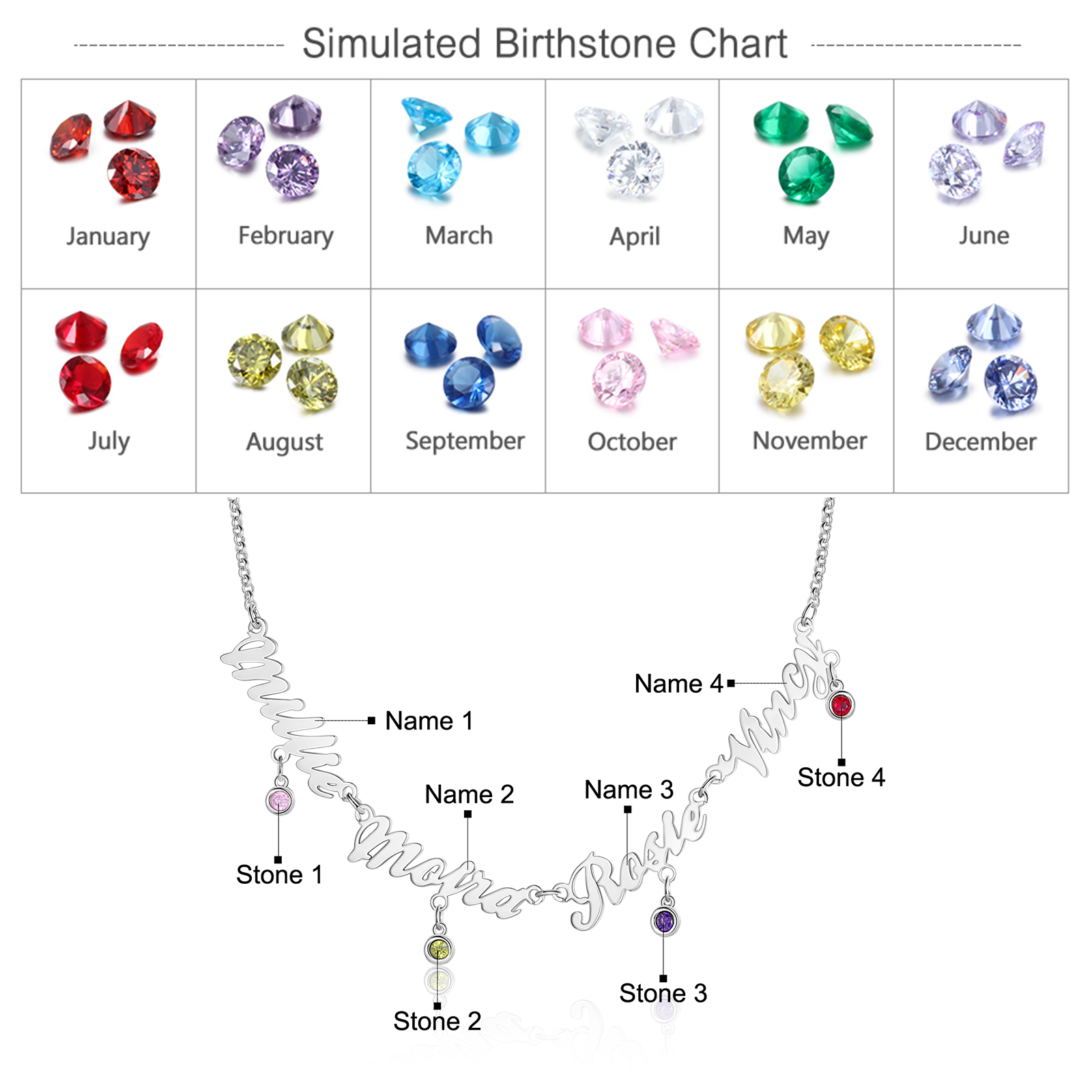 Personalised Necklace With Birthstones Custom 4 Names Necklace Gift For Women-Jessemade AU