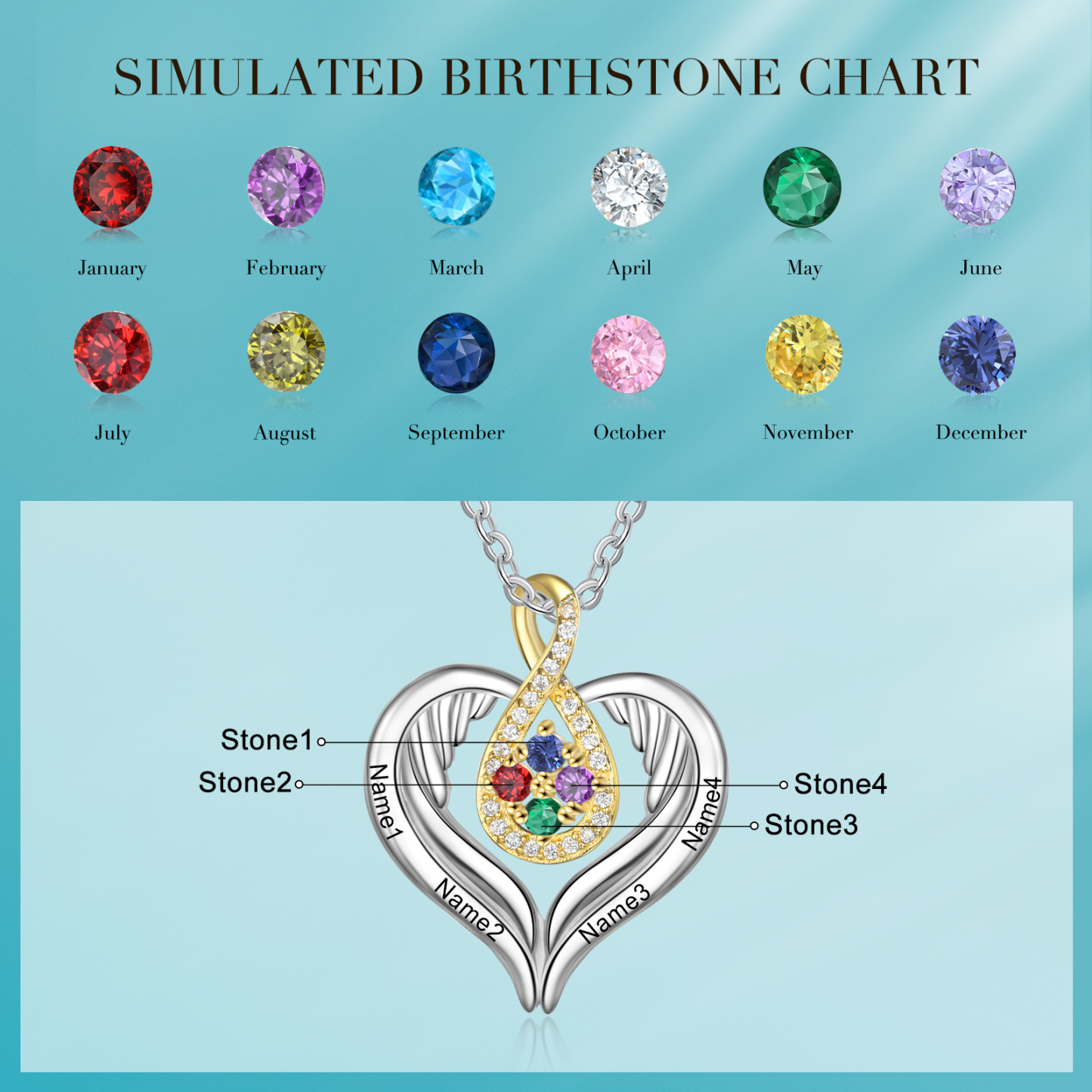 Personalised Drop Heart wings Necklace with 4 Birthstones Engraved Names Best Gift For Women-Jessemade AU