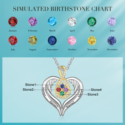 Personalised Drop Heart wings Necklace with 4 Birthstones Engraved Names Best Gift For Women-Jessemade AU