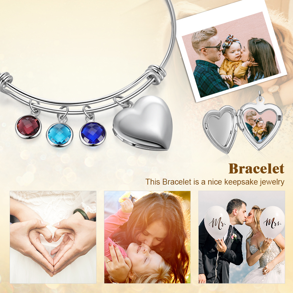 Personalised Heart Photo Locket Bracelet With Birthstones Custom Photo Bracelet Gifts For Her-Jessemade AU