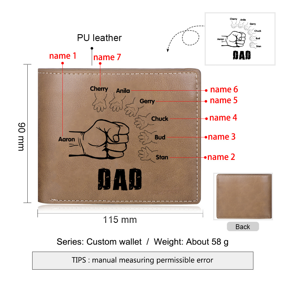 7 Names - Personalised Men Leather Wallet Engraved Names Brown Wallet Fist Bump Folding Wallet Gift For Dad-Jessemade AU