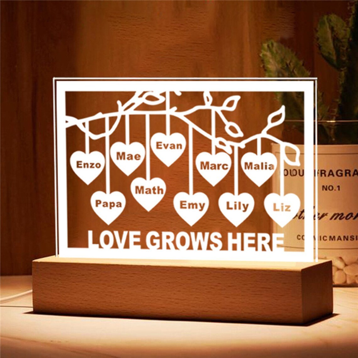 Personalised Family Tree Night Light LED Sign Engraved 10 Names Plaque USB Power Lamp-Jessemade AU