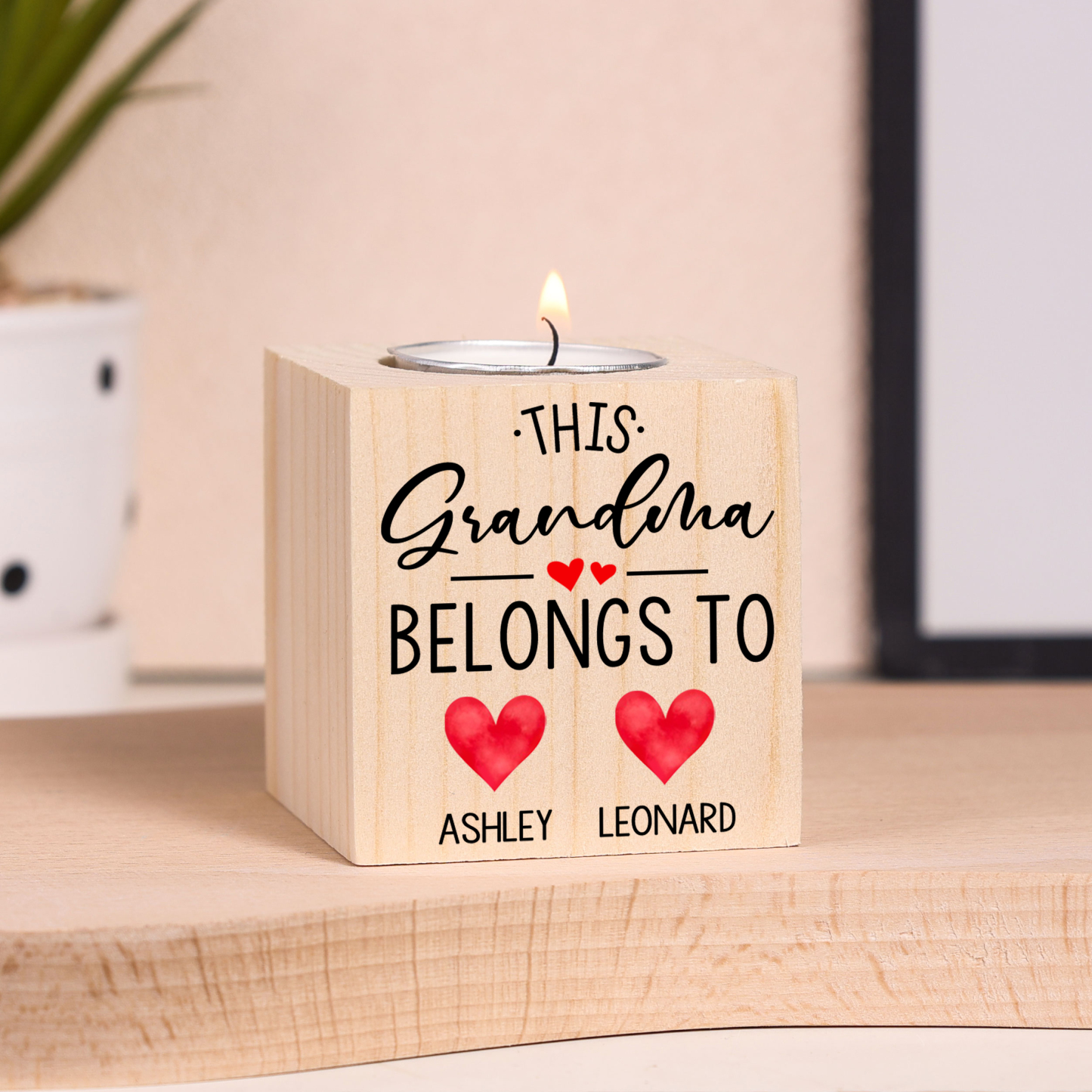 Personalised Wooden Candle Holder Engraved 2 Names Heart Candlestick Grandparents Day Gift for Grandma-Jessemade AU
