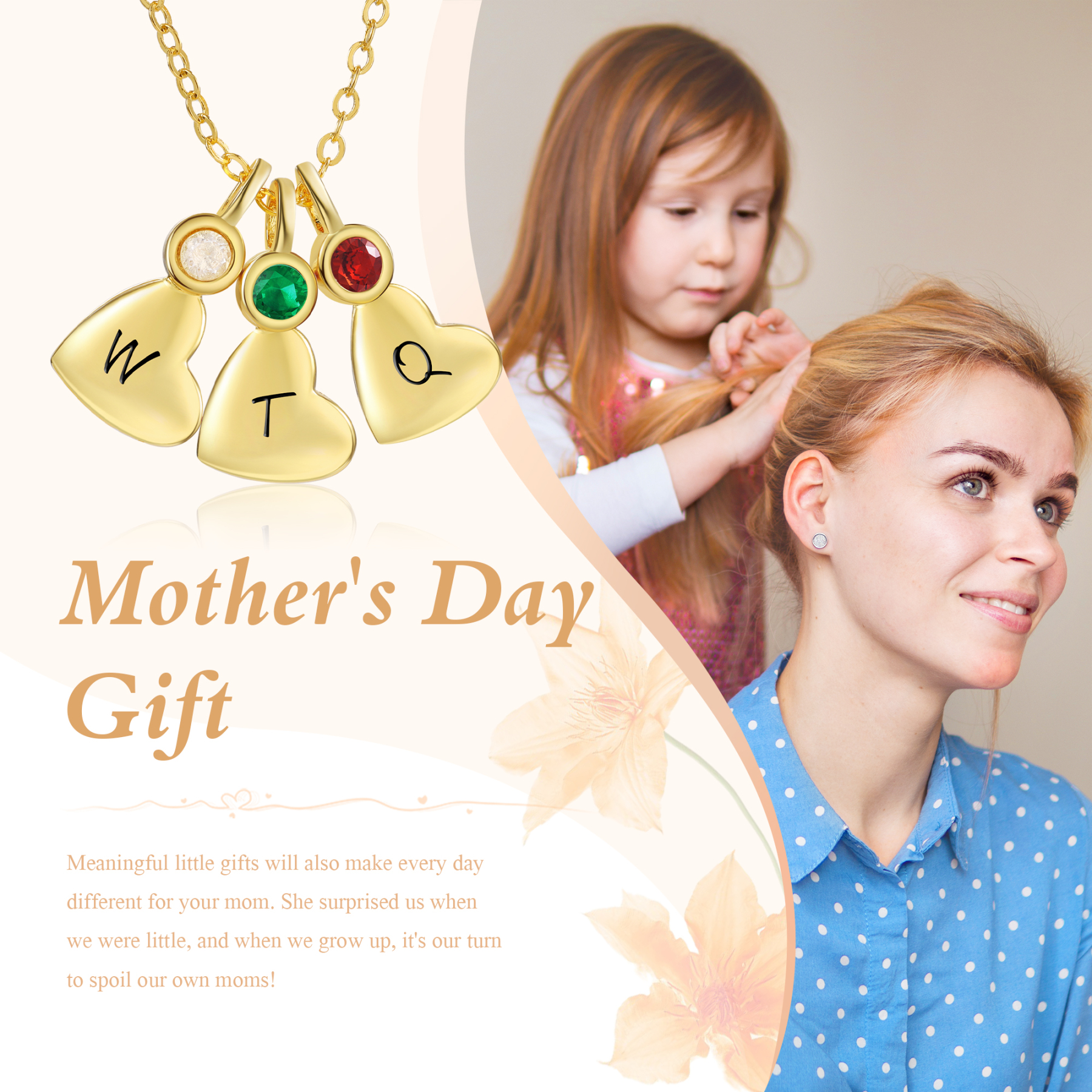 Personalised Heart Pendant Necklace Custom 3 Letters & 3 Birthstones Necklace Gifts for Her-Jessemade AU