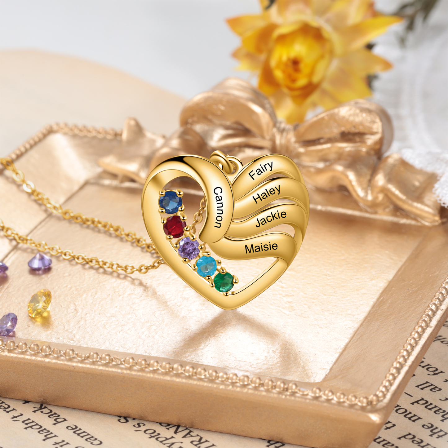 Personalised Heart Necklace With 5 Birthstones Engraved Names Family Necklace Gifts for Her-Jessemade AU