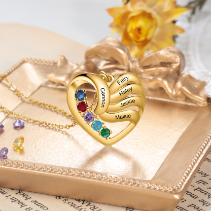 Personalised Heart Necklace With 5 Birthstones Engraved Names Family Necklace Gifts for Her-Jessemade AU
