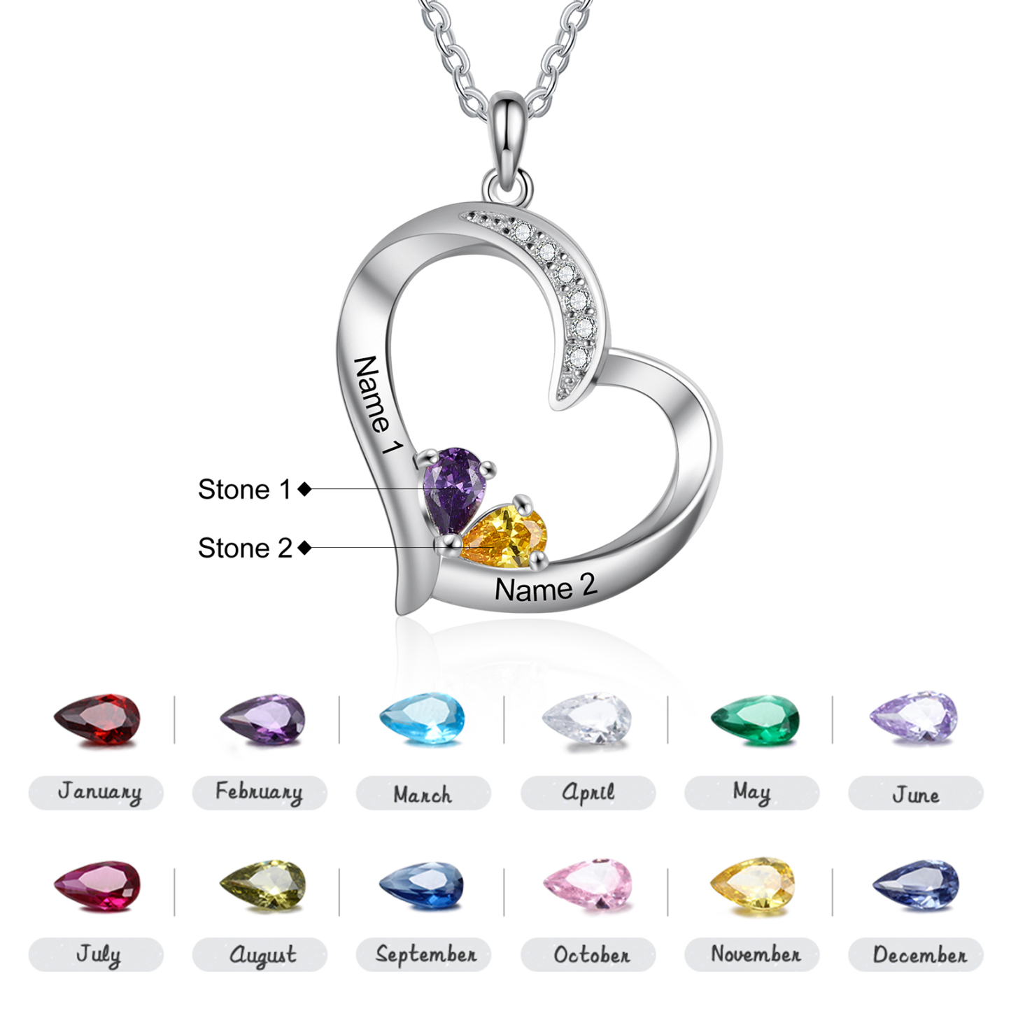 Personalised Heart Necklace With 2 Birthstones Engraved Names Gift For Her-Jessemade AU