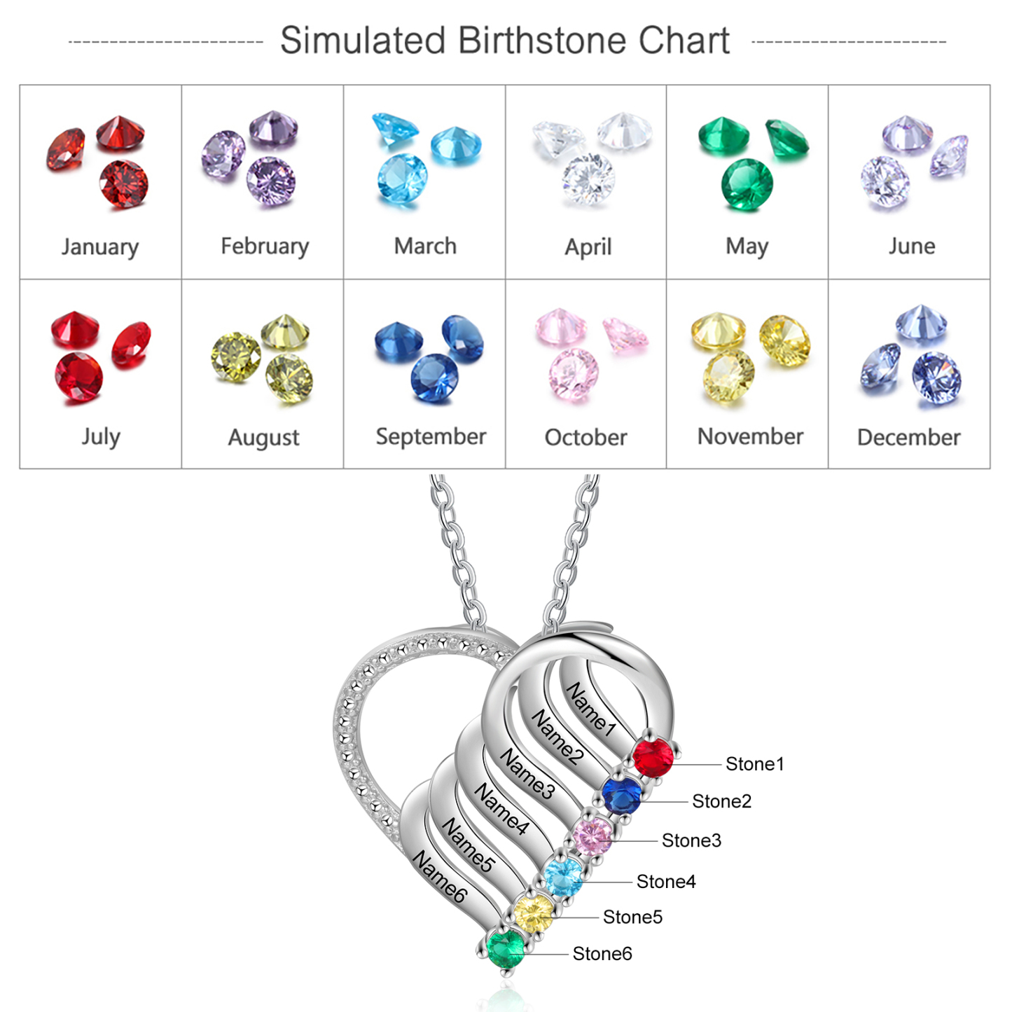 6 Names - Personalised Heart Pendant Necklace Custom Names & Birthstones Love Necklace Gifts for Mother-Jessemade AU