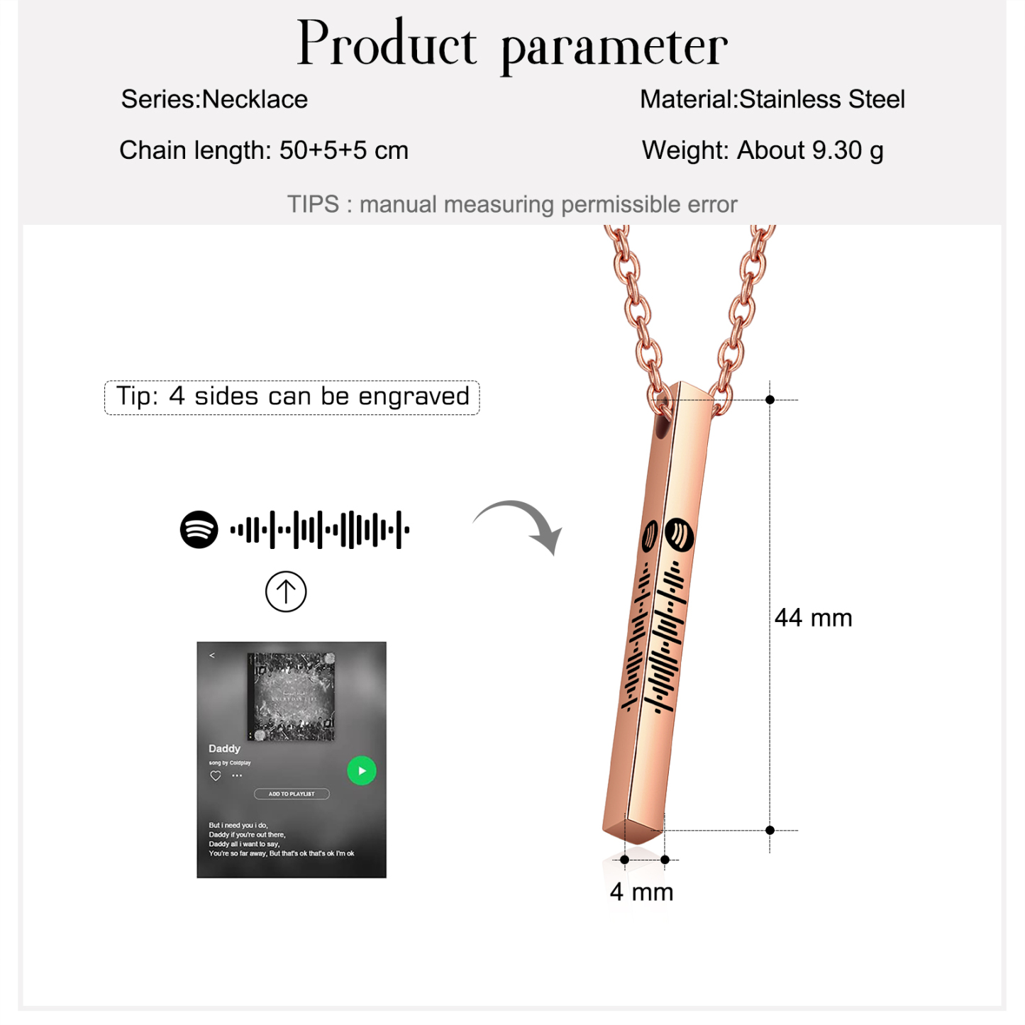 Personalised 3D Vertical Bar Necklace Customised Music Spotify Code Necklace for Her Him-Jessemade AU