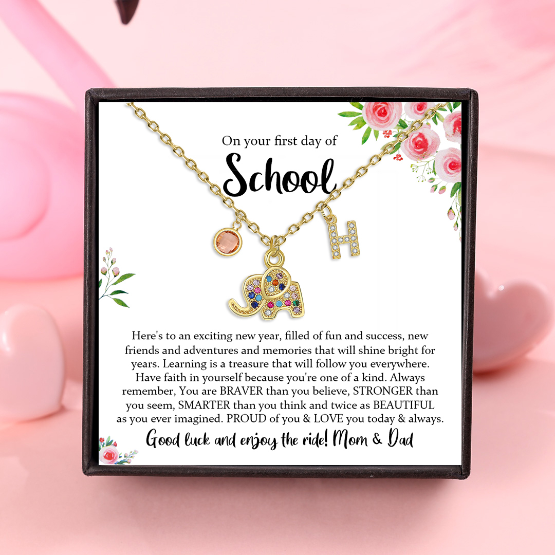 Back To School Personalised Elephant Necklace Custom Birthstone and Initial Necklace-Jessemade AU