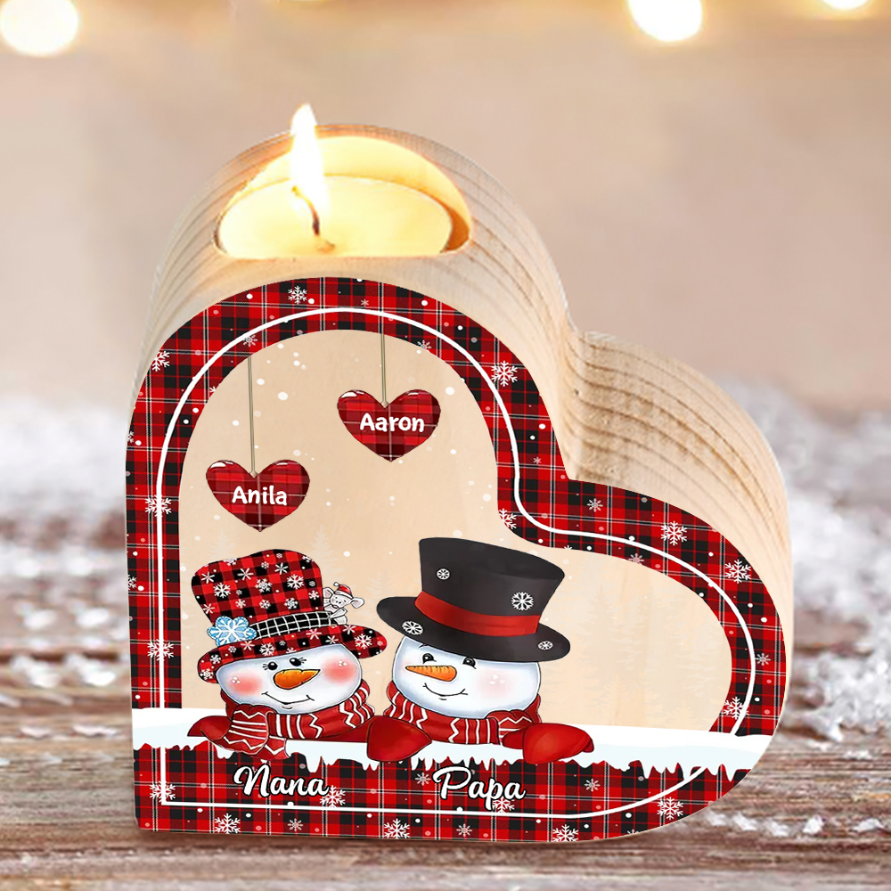 Heart-Shaped Christmas Candle Holder Engraved 4 Names Snowman Candlesticks Personalised Gift for Family-Jessemade AU